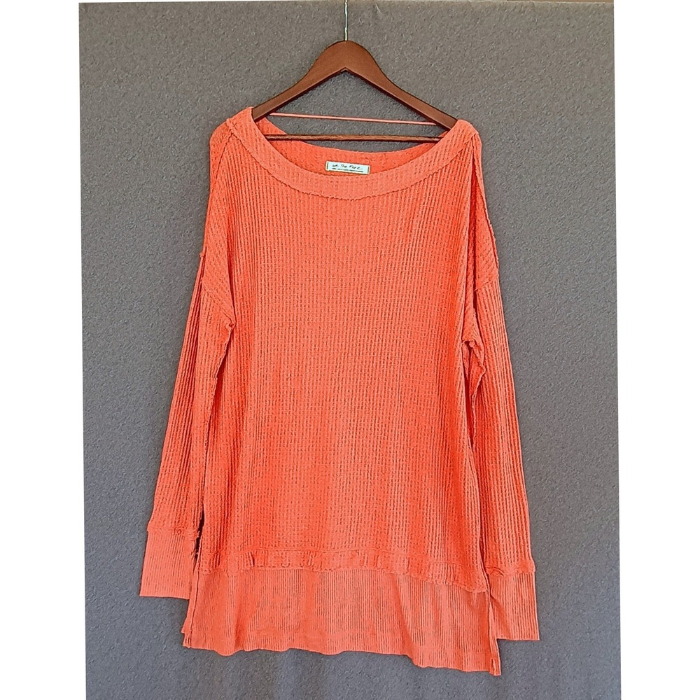 We The Free Free People Orange Waffle Knit Thermal Tunic Top Thumbholes Large